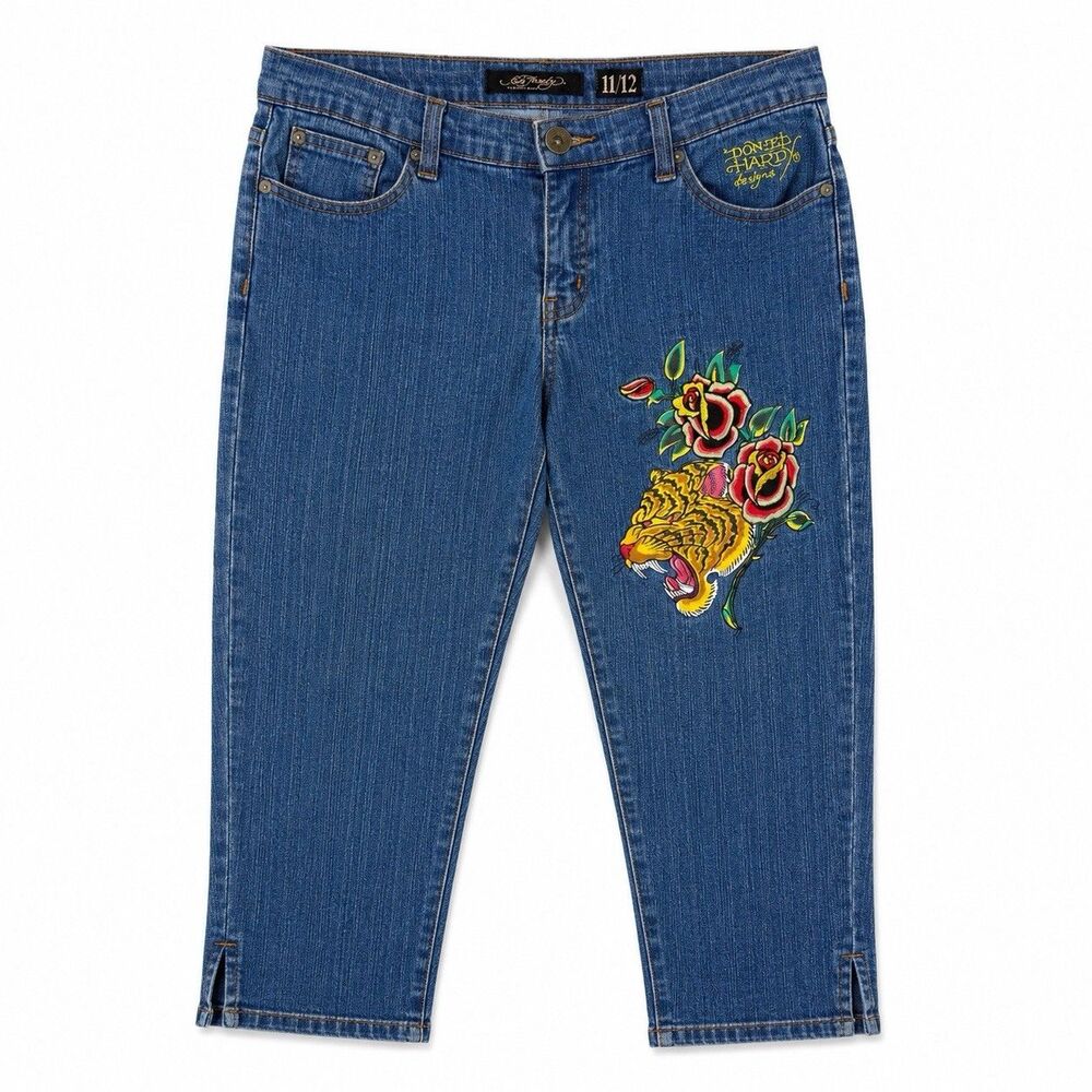 Ed Hardy Y2K Capri Jeans Womens 11/12 Tiger Rose Tattoo Graphic Denim Tattoo